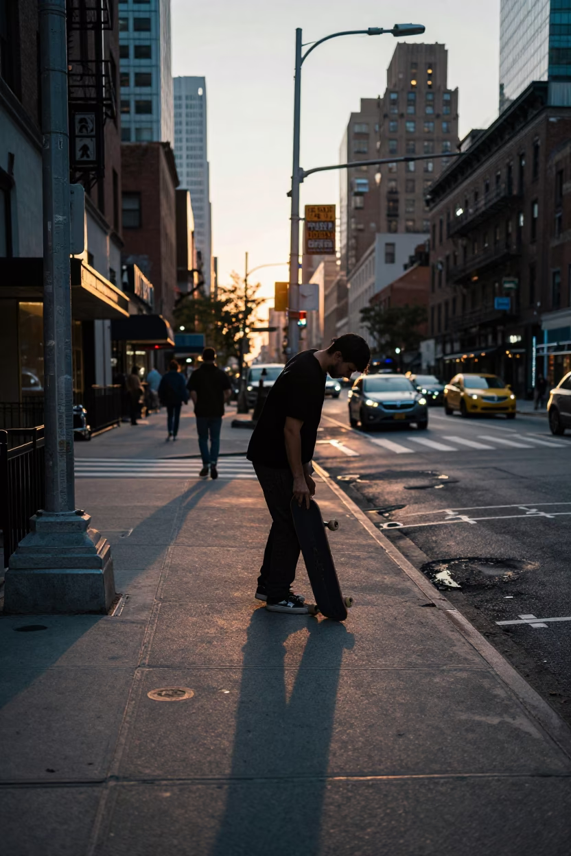 New York City Early Evening Street Scene with Skateboarder and Urban Architecture in in New York, New York, United States