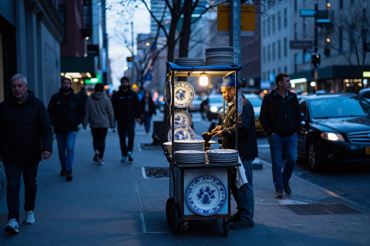 New York City Evening Street Scene with Ceramic Plates and Tea Stains in in New York, New York, United States