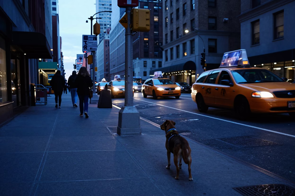 New York City Evening Street Scene with Dog and Urban Details in in New York, New York, United States