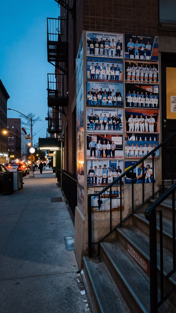 New York City Evening Street Scene with Faded Championship Photos and Garden Shears in in New York, New York, United States