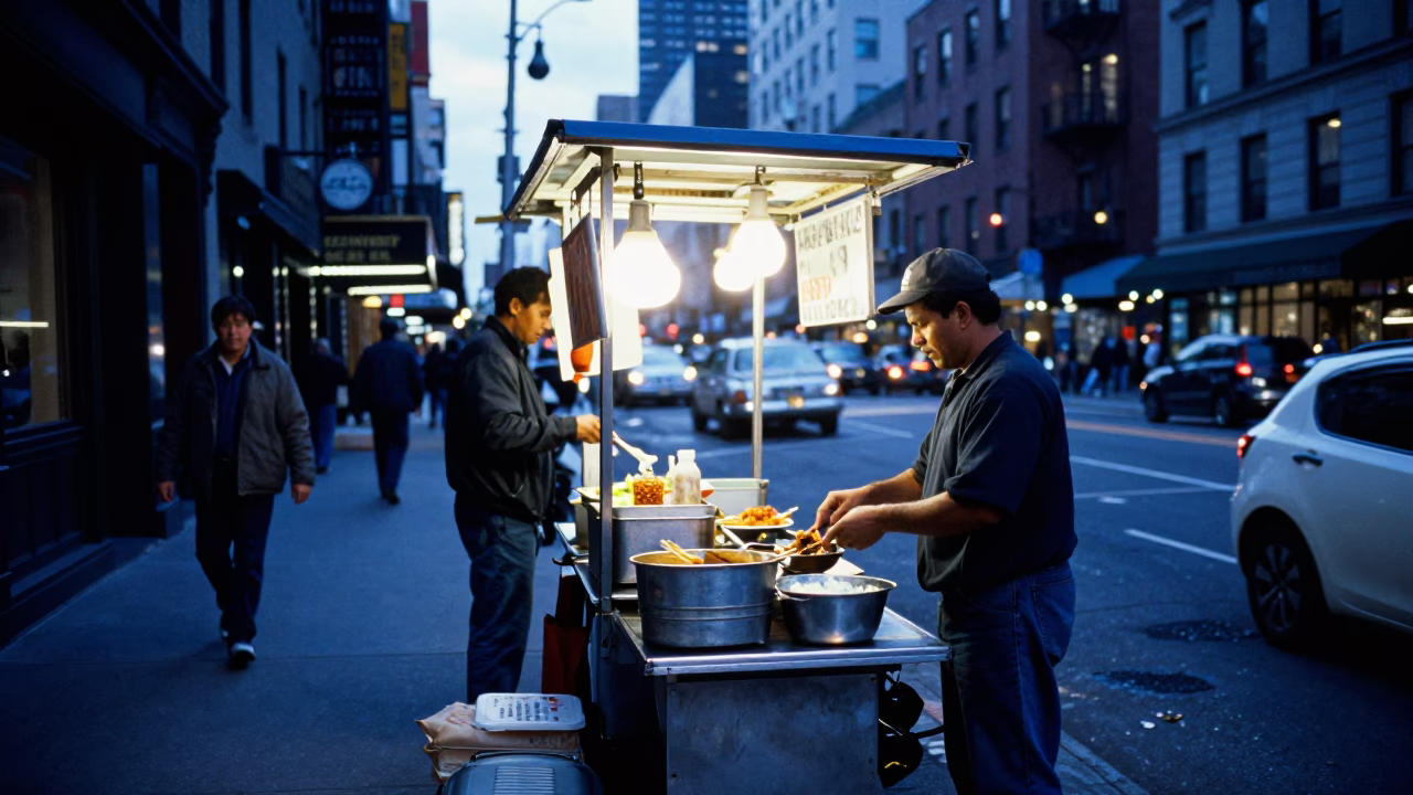New York City Evening Street Scene with Food Vendor and Urban Infrastructure in in New York, New York, United States