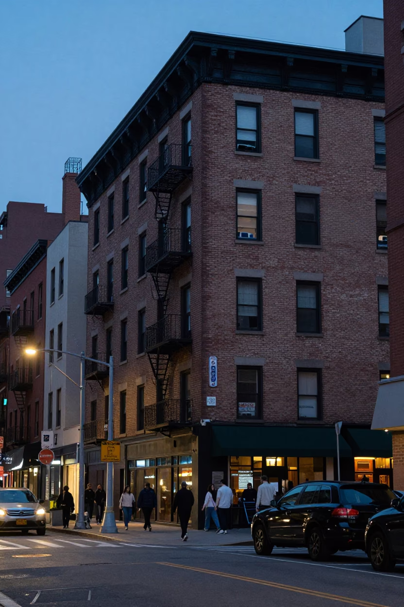 New York City Evening Street Scene with Latch Detail and Urban Architecture in in New York, New York, United States