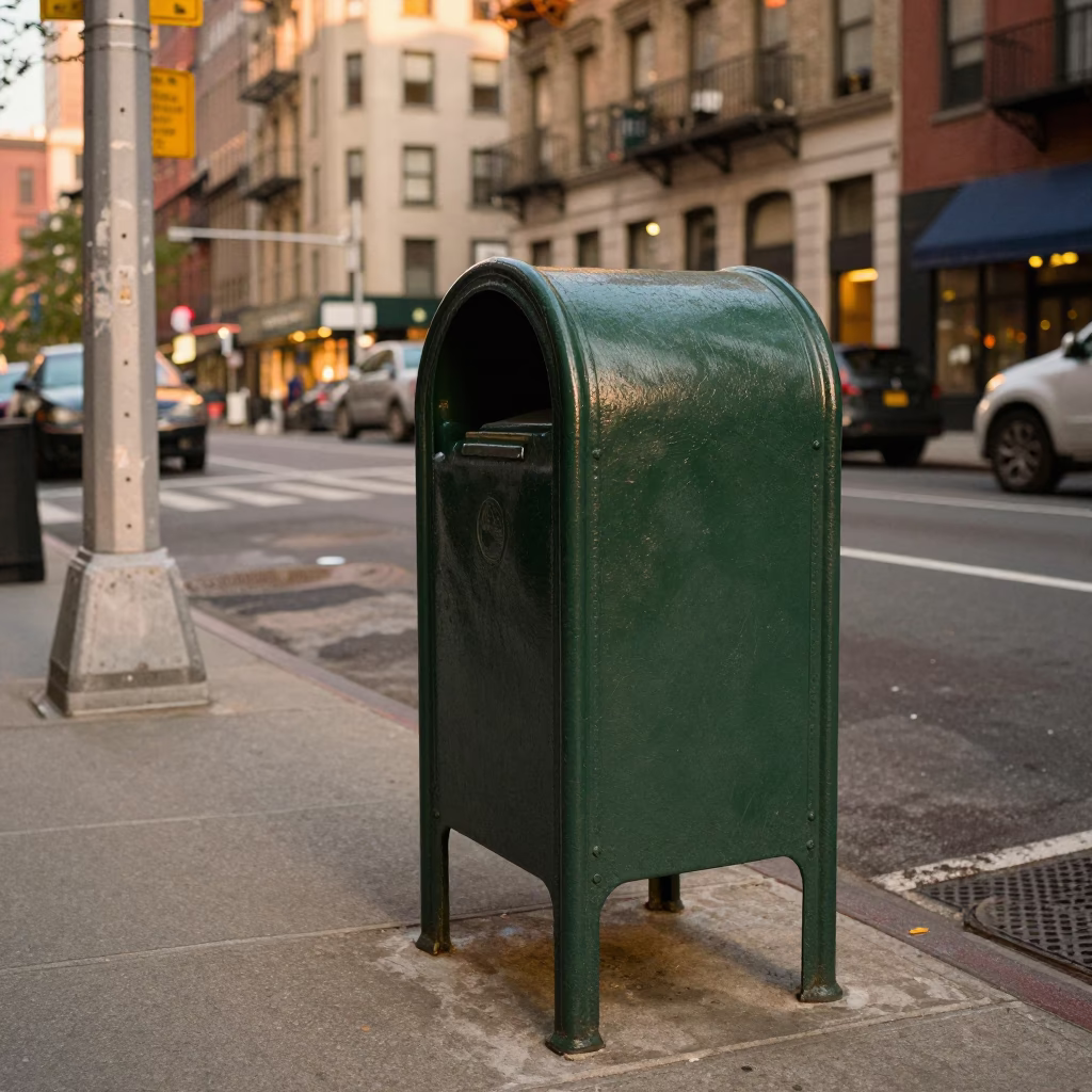 New York City Evening Street Scene with Mailbox and Urban Details in in New York, New York, United States
