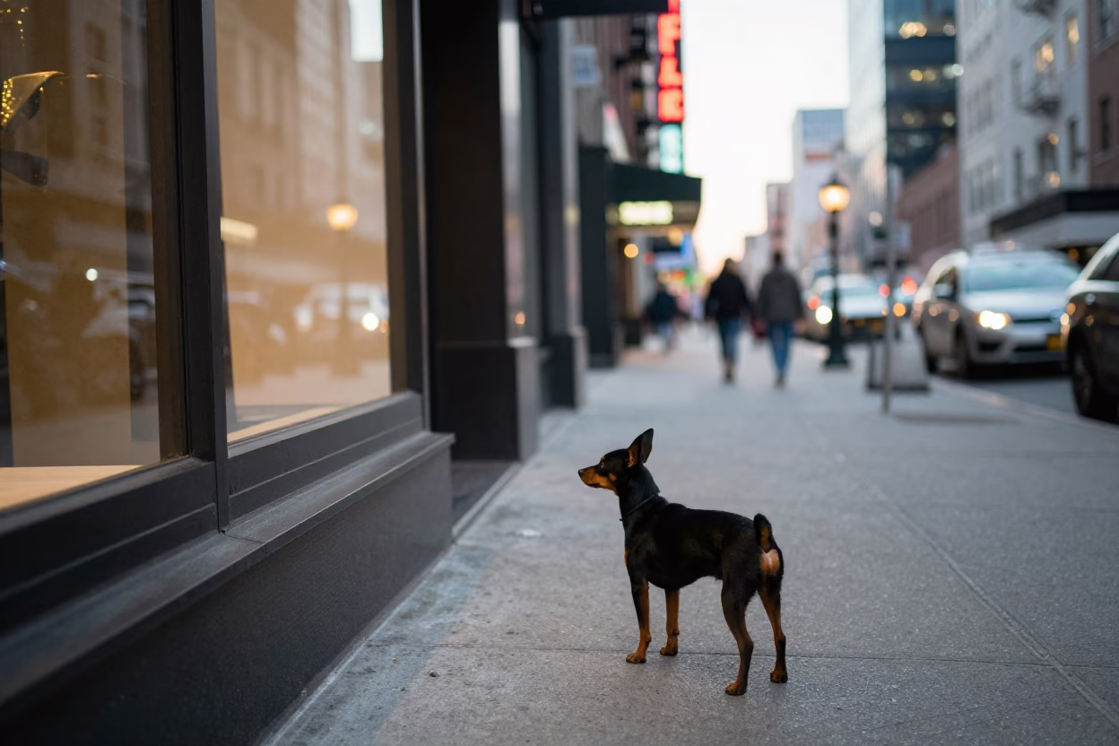 New York City Evening Street Scene with Miniature Pinscher and Urban Details in in New York, New York, United States