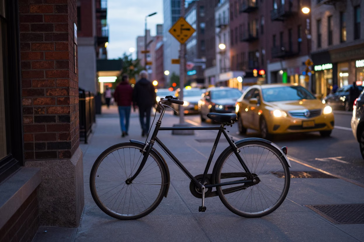 New York City Evening Street Scene with Vintage Bicycle and Valet Stand Headlight Streaks in in New York, New York, United States