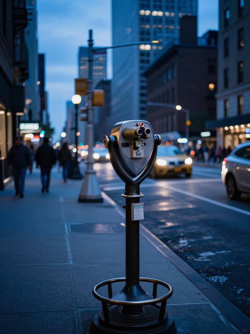 New York City Evening Street Scene with Vintage Telescope and Urban Details in in New York, New York, United States