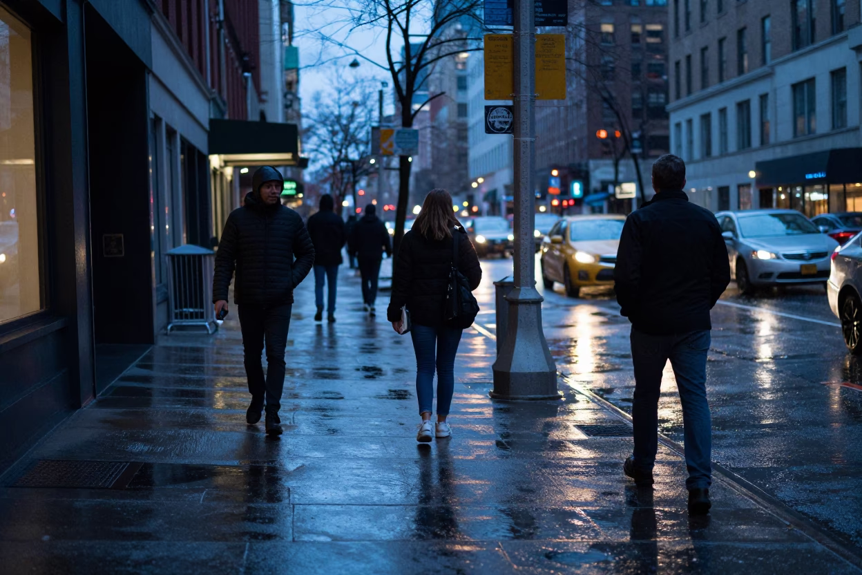 New York City Evening Street Scene with Wet Sidewalks and Urban Life in in New York, New York, United States