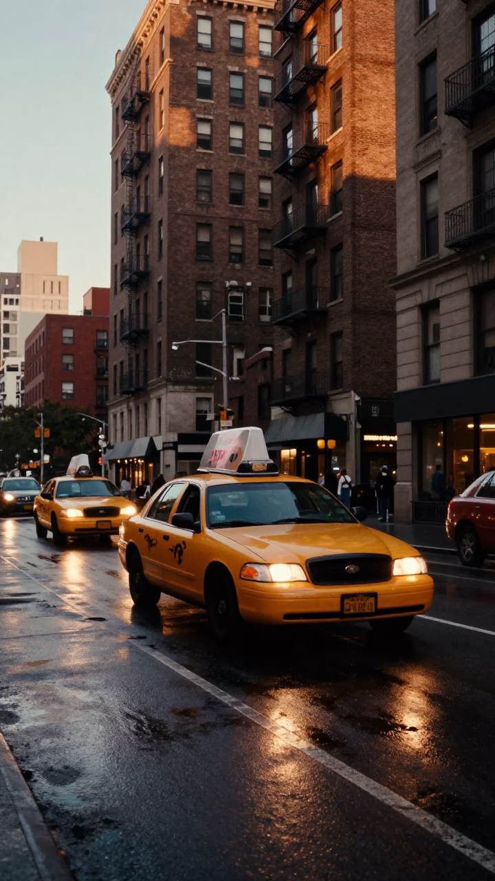 New York City Evening Street Scene with Yellow Taxi and Brick Building Facade in in New York, New York, United States