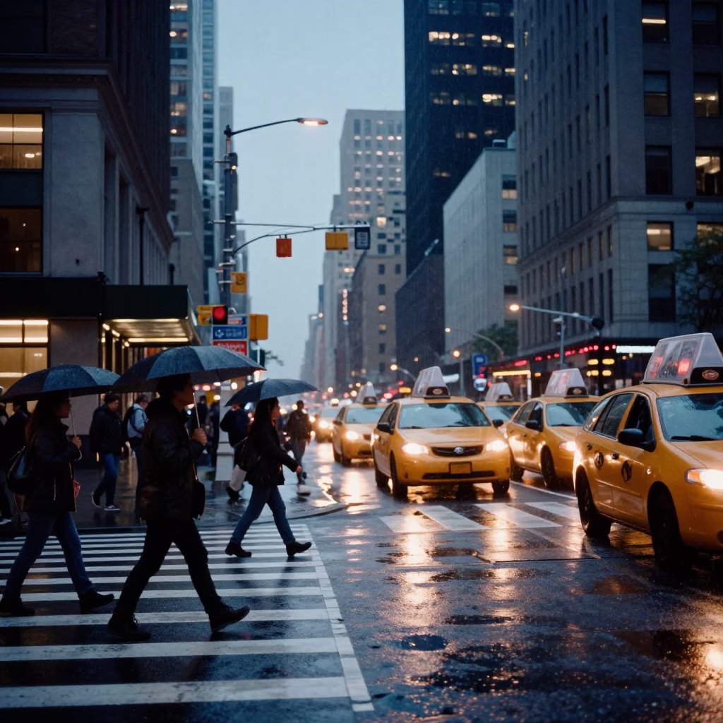 New York City Evening Street Scene with Yellow Taxi and Pedestrians in in New York, New York, United States