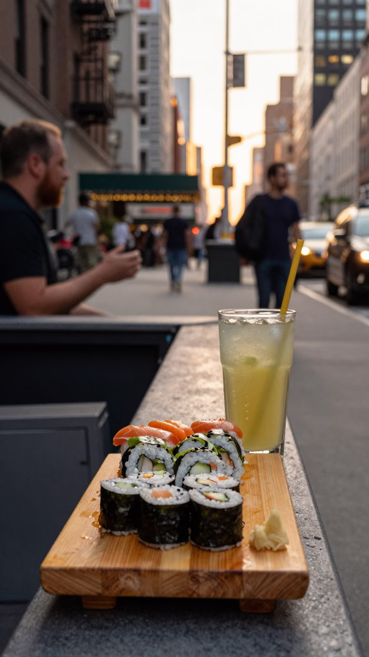 New York City Golden Hour Street Scene with Sushi and Sugarcane Juice in in New York, New York, United States
