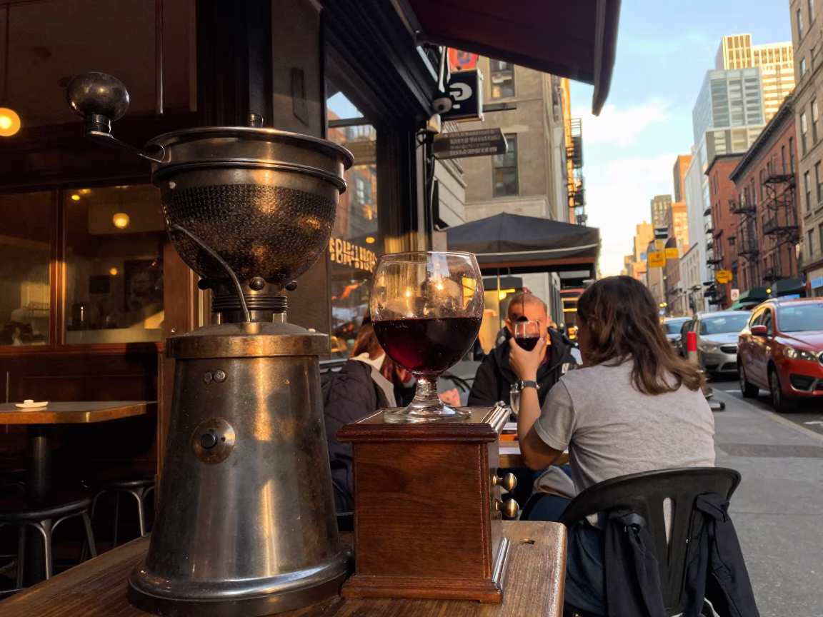 New York City Golden Hour Street Scene with Vintage Coffee Grinder and Wine Glass in in New York, New York, United States