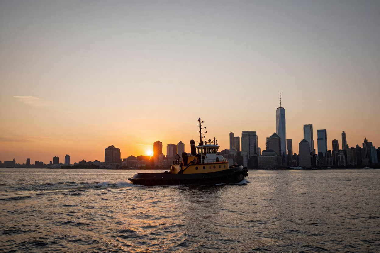 New York City Harbor Sunset Tugboat Navigation and Urban Skyline in in New York, New York, United States