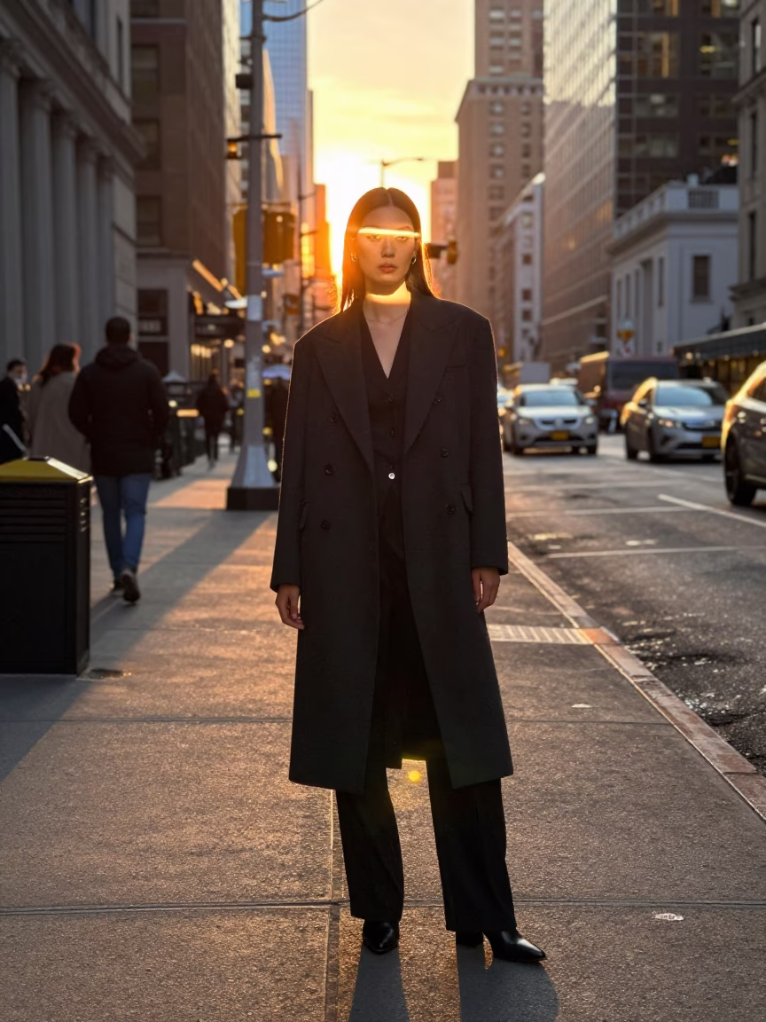 New York City High Fashion Portrait at Sunset with Sun Stripe Reflection in in New York, New York, United States