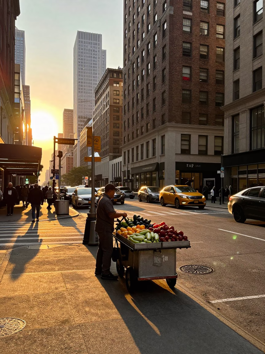 New York City Honeyed Evening Light Street Scene with Rolling Carts and Urban Life in in New York, New York, United States