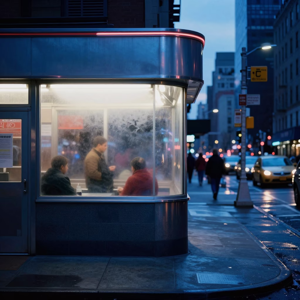 New York City Indigo Twilight Street Scene with Diner Window and Vintage Details in in New York, New York, United States