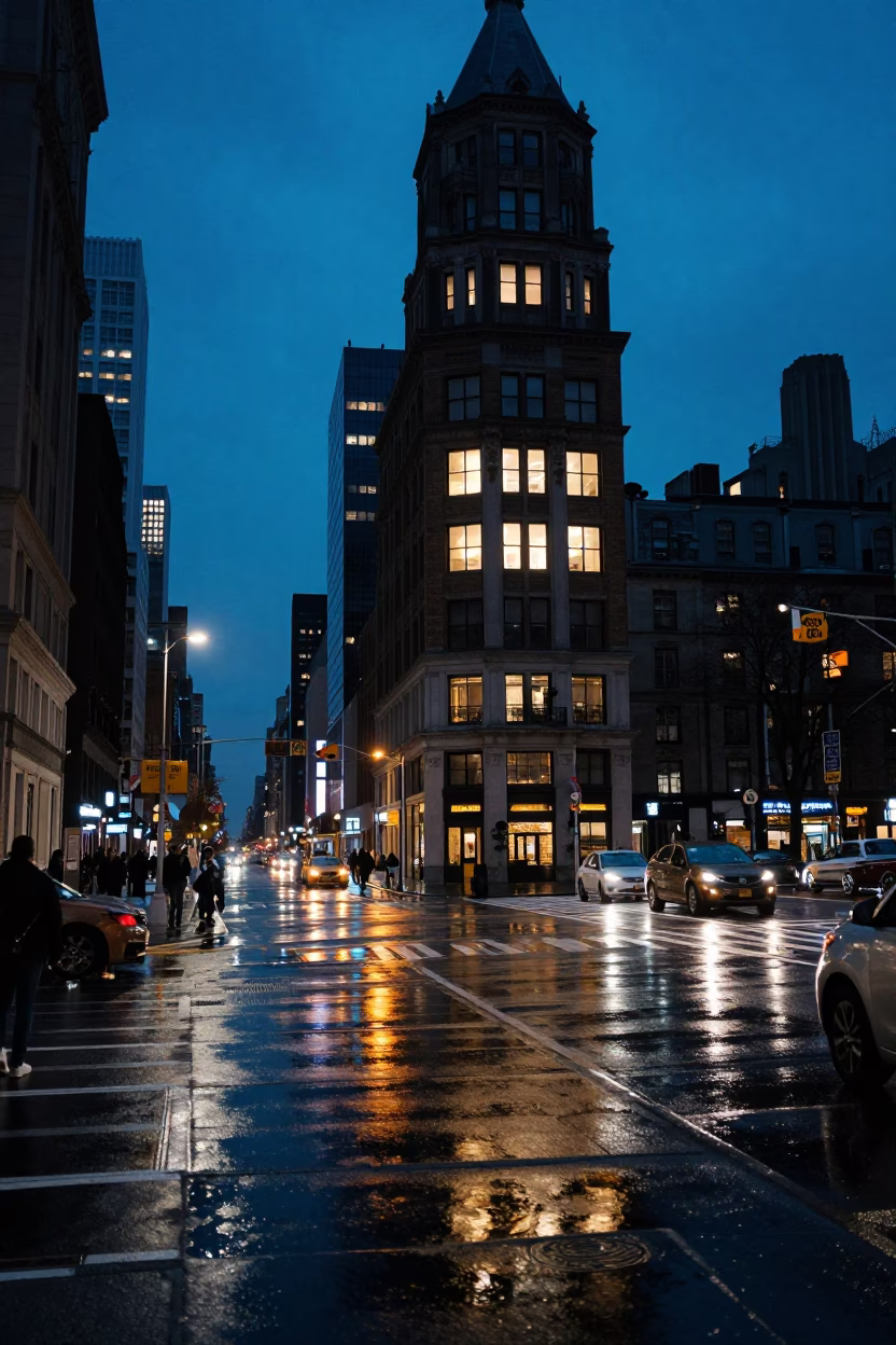 New York City Indigo Twilight Street Scene with Window Light and Bicycle in in New York, New York, United States