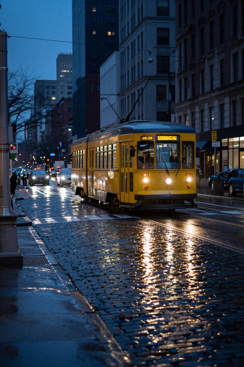 New York City Indigo Twilight Tramcar Reflections on Wet Cobblestone Streets in in New York, New York, United States