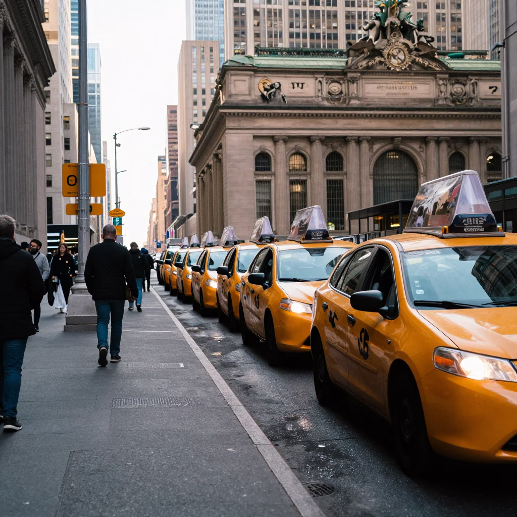 New York City Late Afternoon Street Scene with Taxi Rank Outside Train Station in in New York, New York, United States