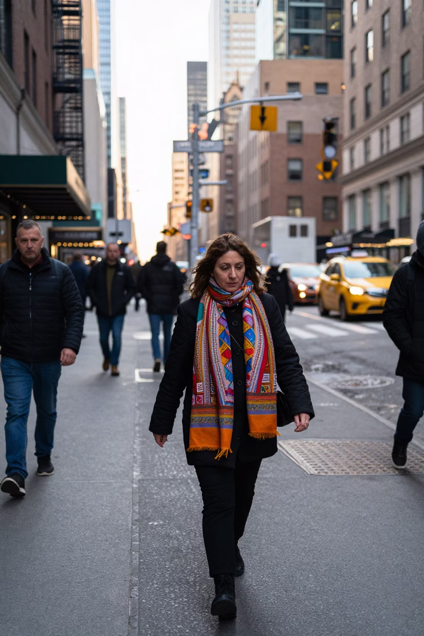 New York City Late Afternoon Street Scene with Woman Wearing Colorful Scarf in in New York, New York, United States