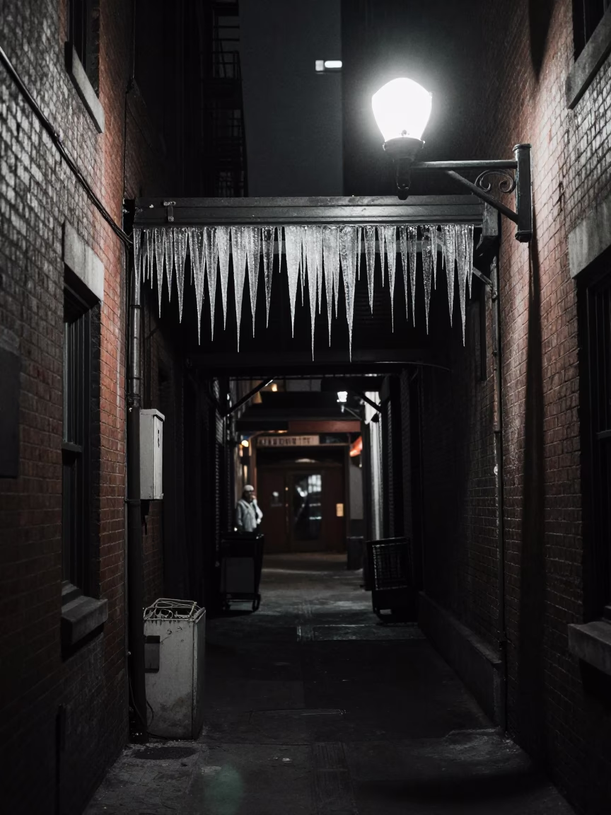 New York City Late Night Street Scene with Sodium Lamp Tunnel Portal and Icicles in in New York, New York, United States