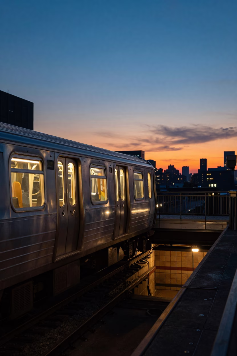 New York City Metro Train Emerging from Tunnel into Sunset Light in in New York, New York, United States