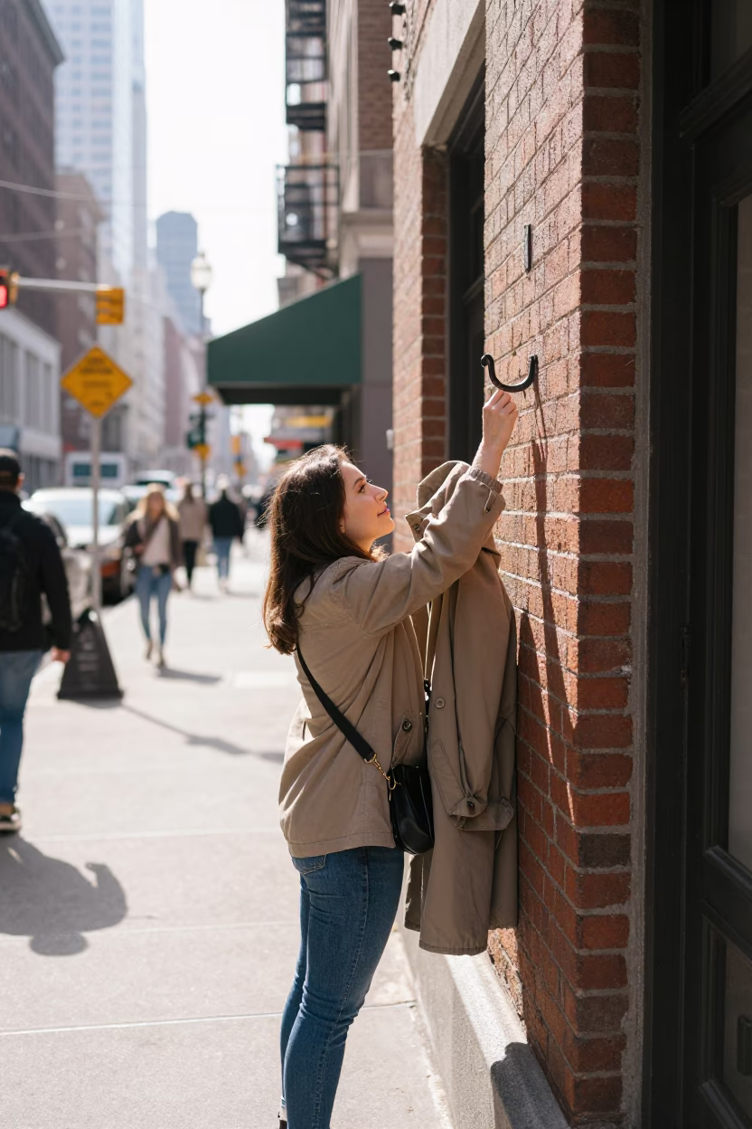 New York City Midmorning Street Scene with Vintage Coat Hook and Wicker Shadow in in New York, New York, United States