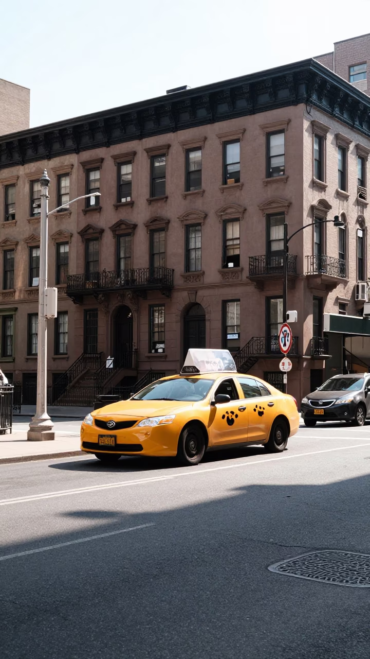 New York City Midmorning Street Scene with Yellow Taxi and Pedestrians in in New York, New York, United States