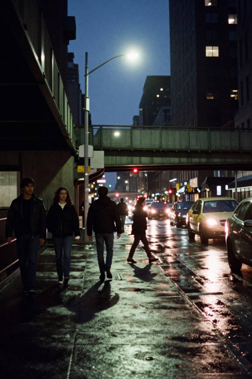 New York City Midnight Street Scene with Overpass Ramp and Brass Details in in New York, New York, United States