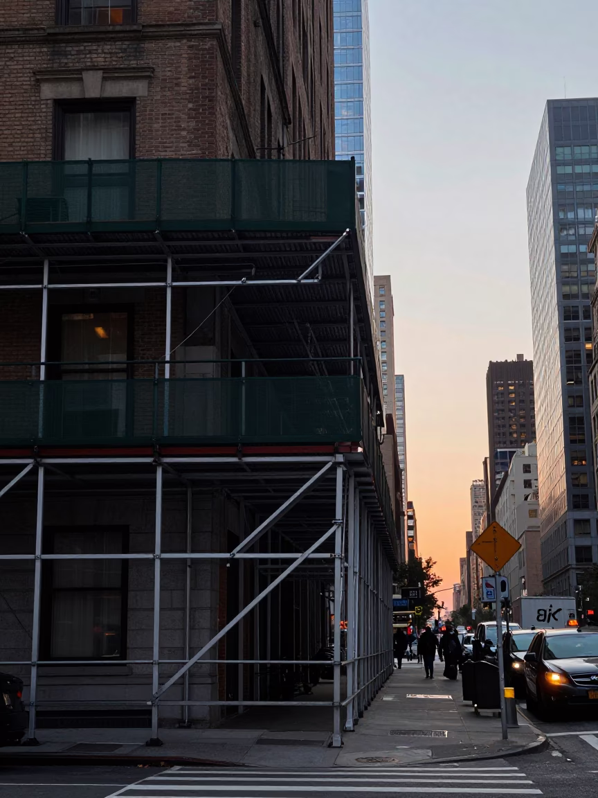 New York City Nautical Dawn Scaffold Geometry and Street Life in in New York, New York, United States