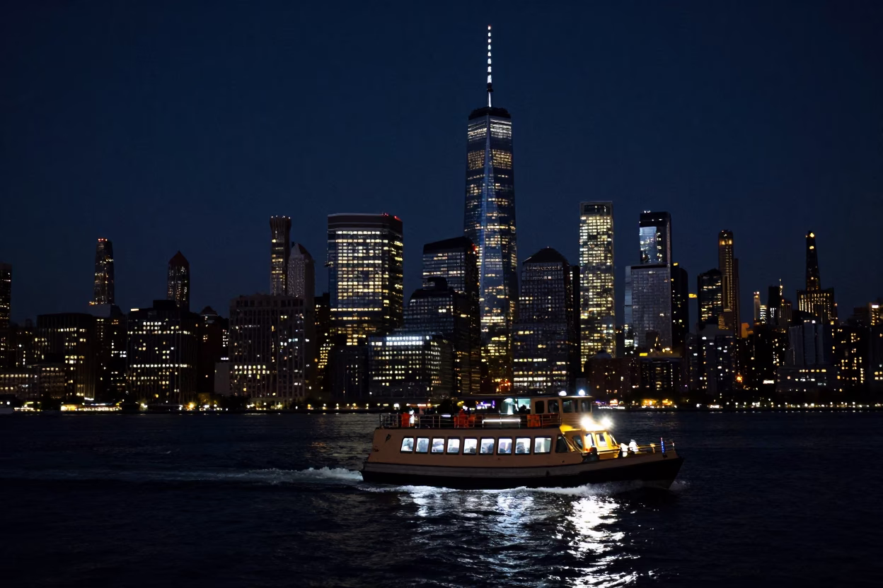 New York City Night Sky Above Urban Water Taxi and Harbor Breakwater in in New York, New York, United States