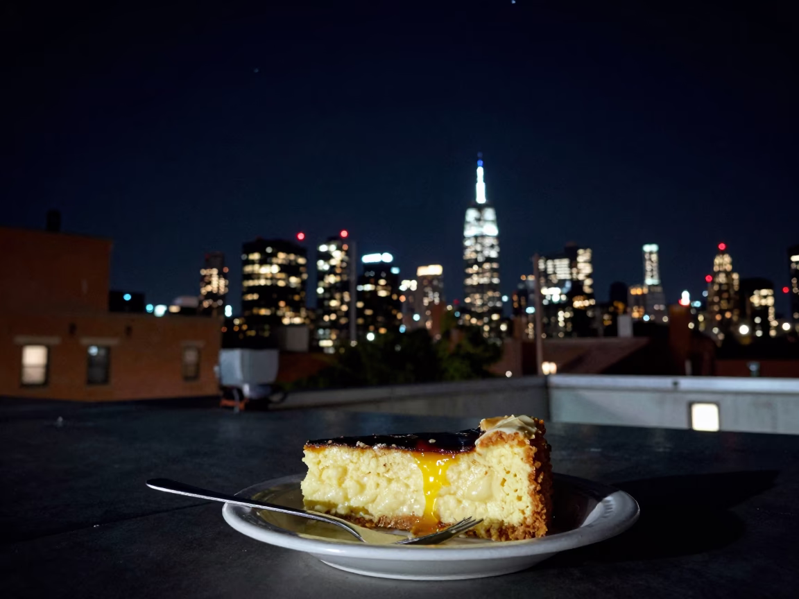 New York City Night Skyline View from Rooftop with Tres Leches Cake Slice in in New York, New York, United States