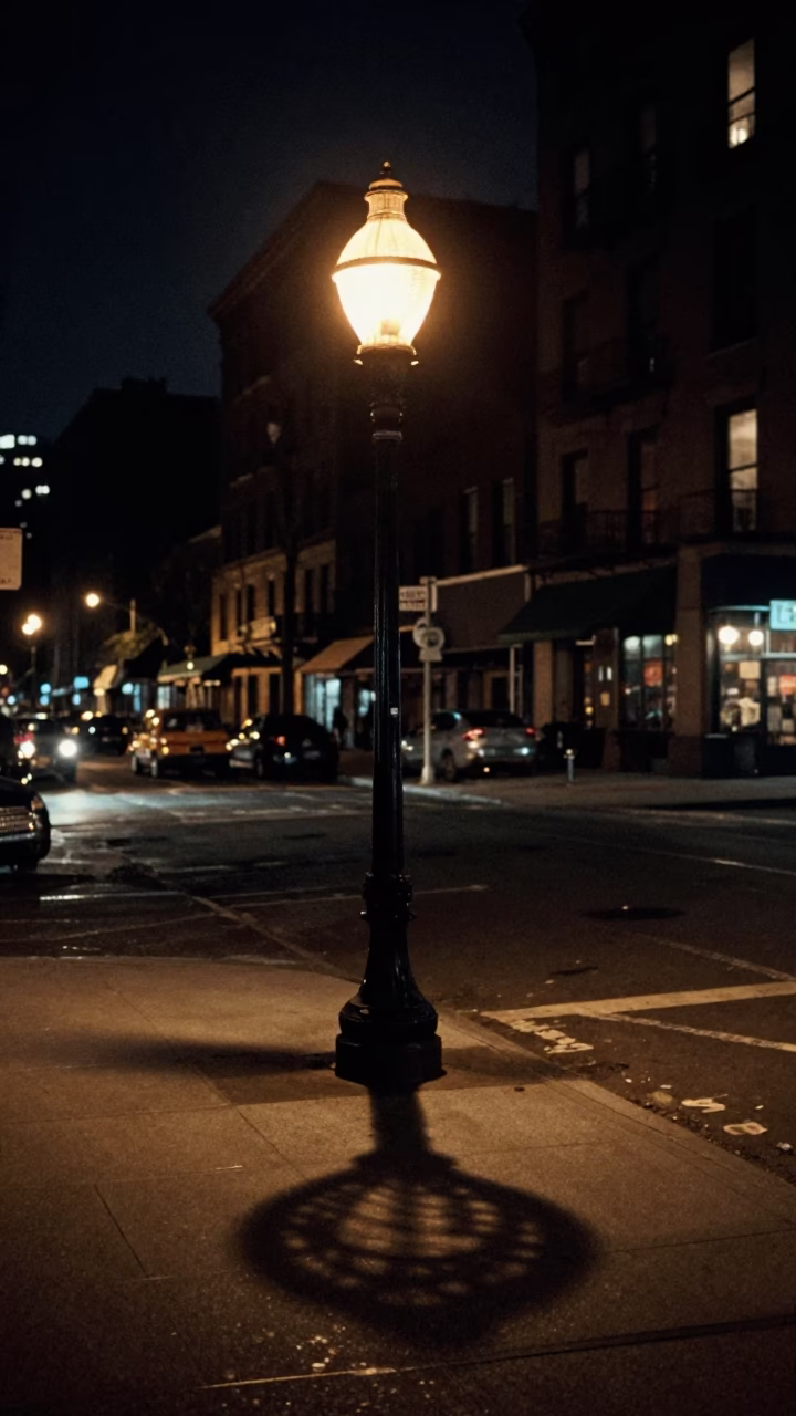 New York City Night Street Corner with Wicker Lamp Shadow and Urban Details in in New York, New York, United States