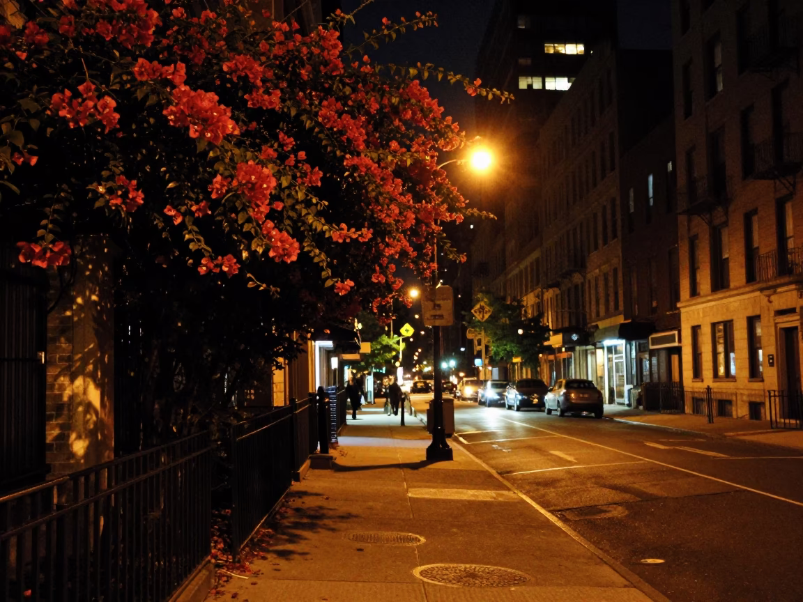 New York City Night Street Scene with Bougainvillea and Urban Architecture in in New York, New York, United States