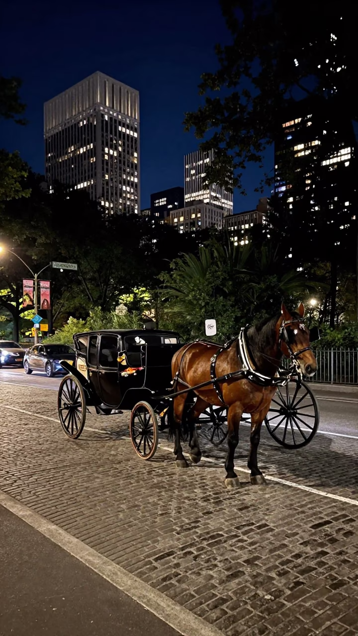 New York City Night Street Scene with Horse-Drawn Carriage on Cobblestones in in New York, New York, United States