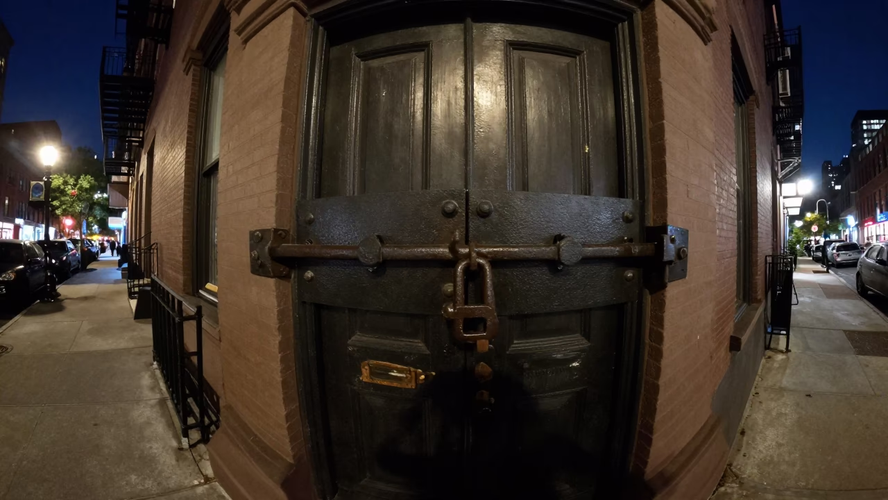 New York City Night Street Scene with Iron Deadbolt and Urban Details in in New York, New York, United States
