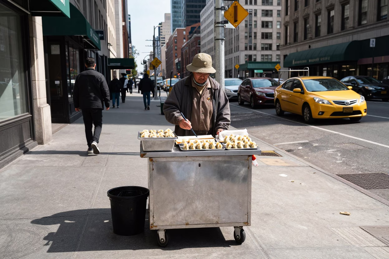 New York City Noon Street Scene with Brooch and Gyoza Tray Detail in in New York, New York, United States