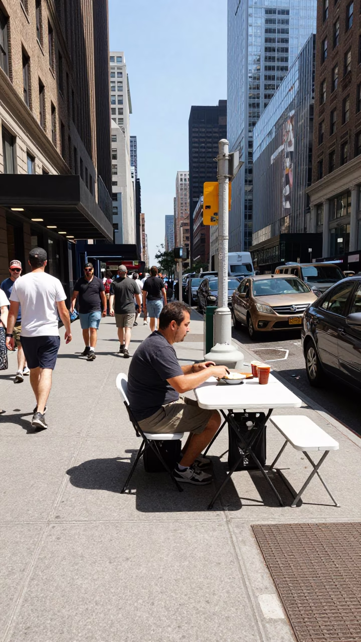 New York City Noon Street Scene with Folding Tables and Colander in in New York, New York, United States