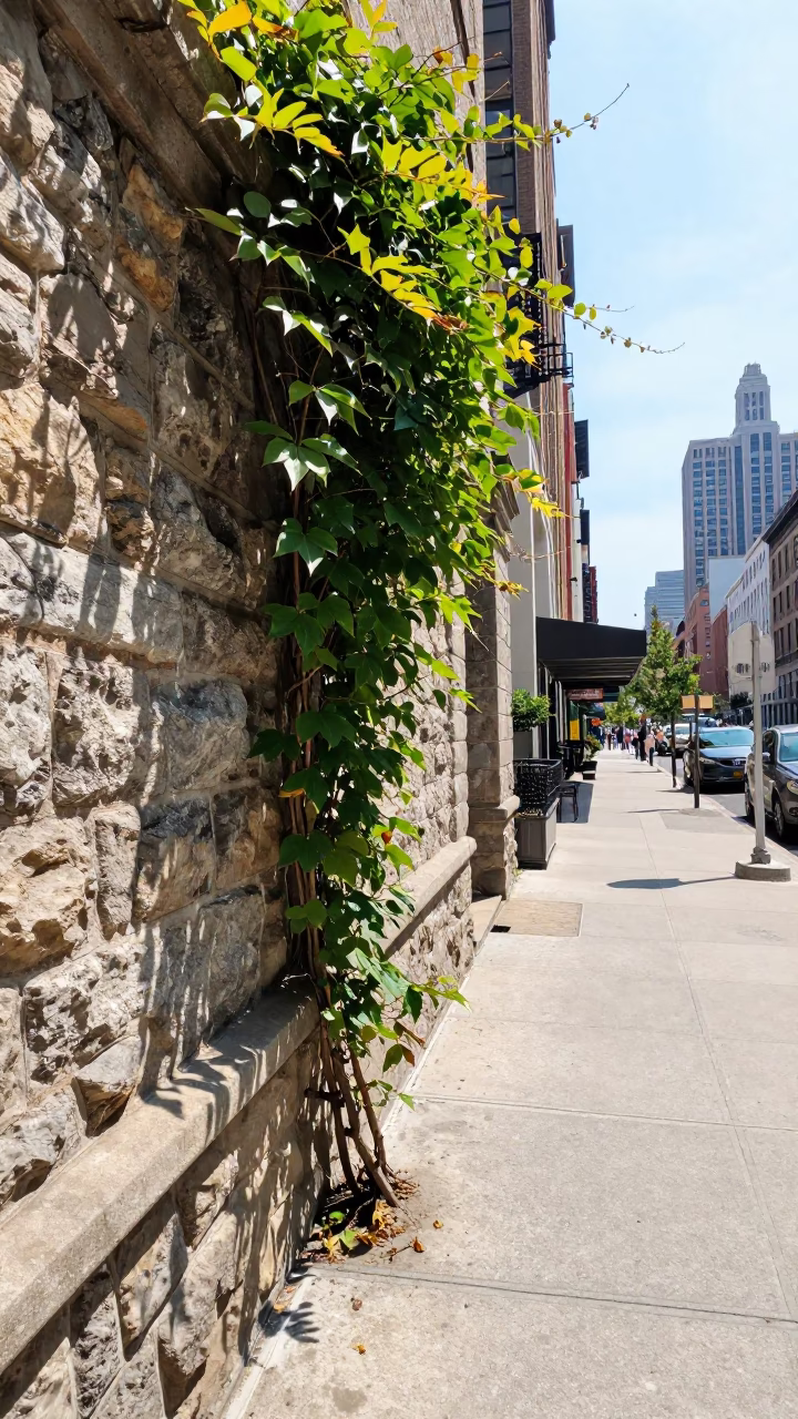 New York City Noon Street Scene with Stone Wall and Clematis Vine in in New York, New York, United States