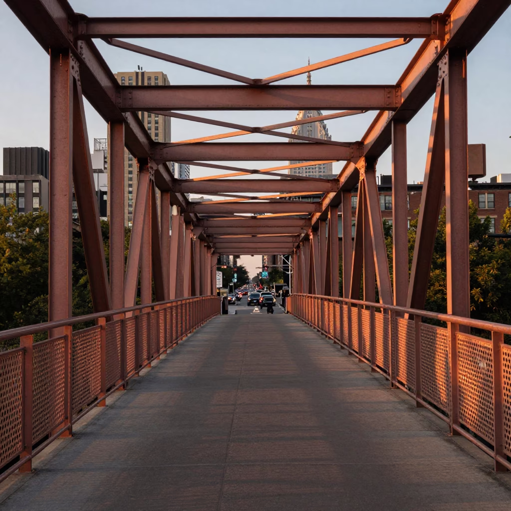 New York City Pedestrian Overpass at Copper-toned Light Before Dusk in in New York, New York, United States