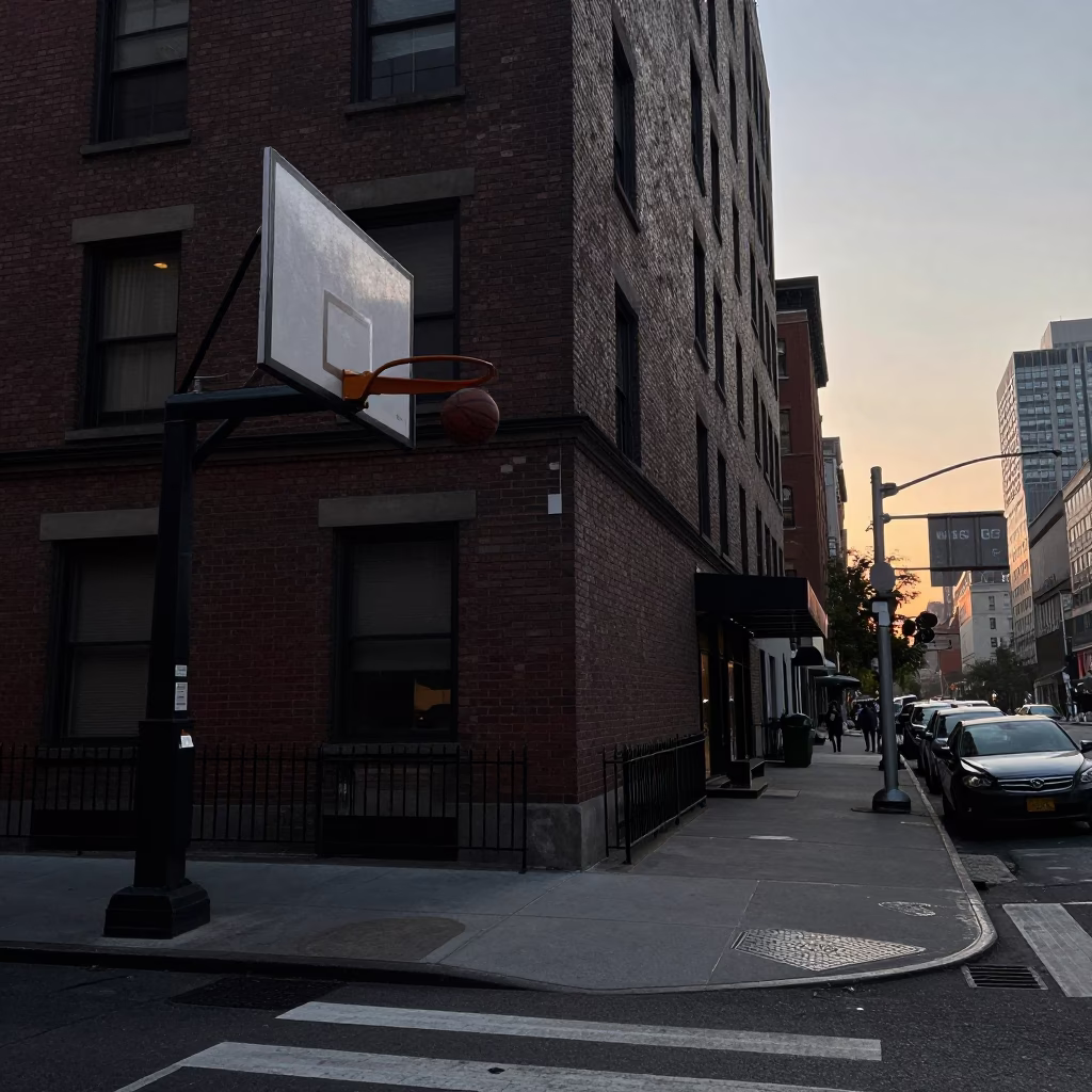New York City Pre-Dawn Street Scene with Basketball and Urban Architecture in in New York, New York, United States