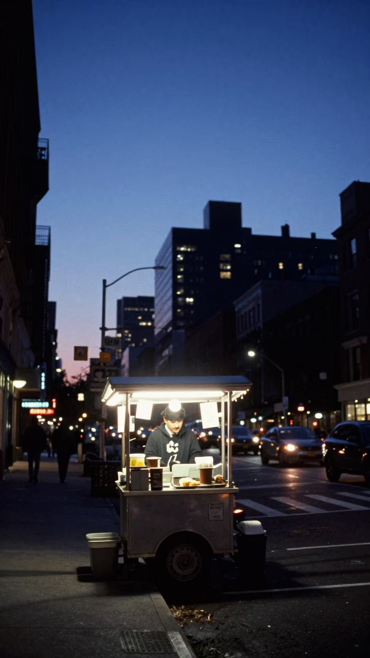 New York City Pre-Dawn Street Scene with Coffee Cart and Urban Skyline in in New York, New York, United States