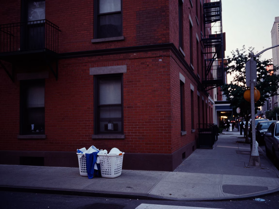New York City Pre-Dawn Street Scene with Laundry Basket and Urban Shadows in in New York, New York, United States