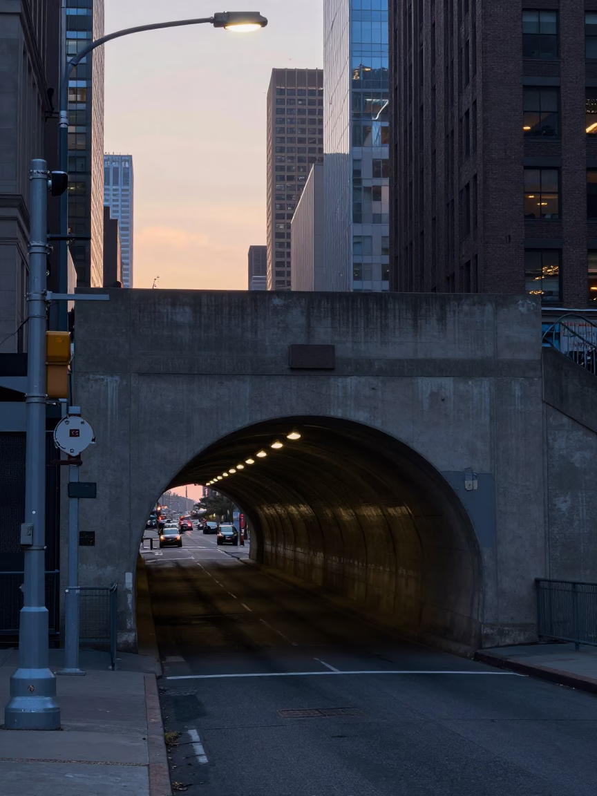 New York City Pre-Dawn Street Scene with Tunnel Portal and Urban Infrastructure in in New York, New York, United States