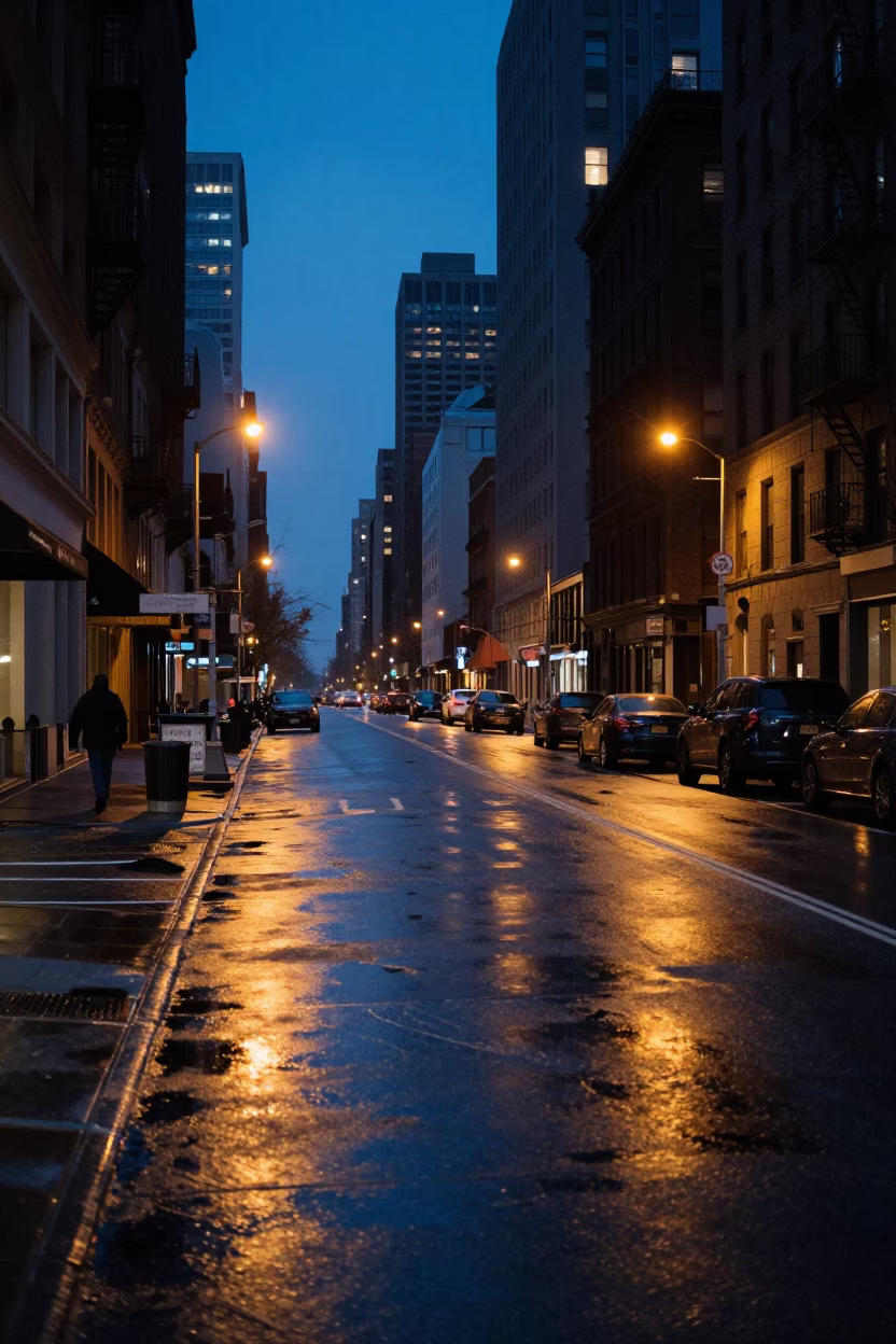 New York City Pre-Dawn Street Scene with Wet Asphalt and City Lights in in New York, New York, United States