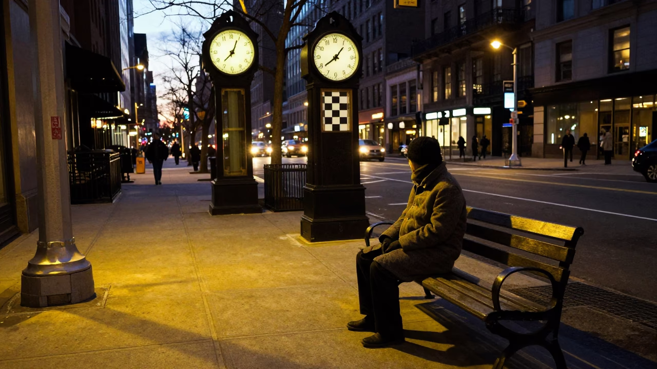 New York City Predawn Street Scene with Chess Clock and Urban Details in in New York, New York, United States