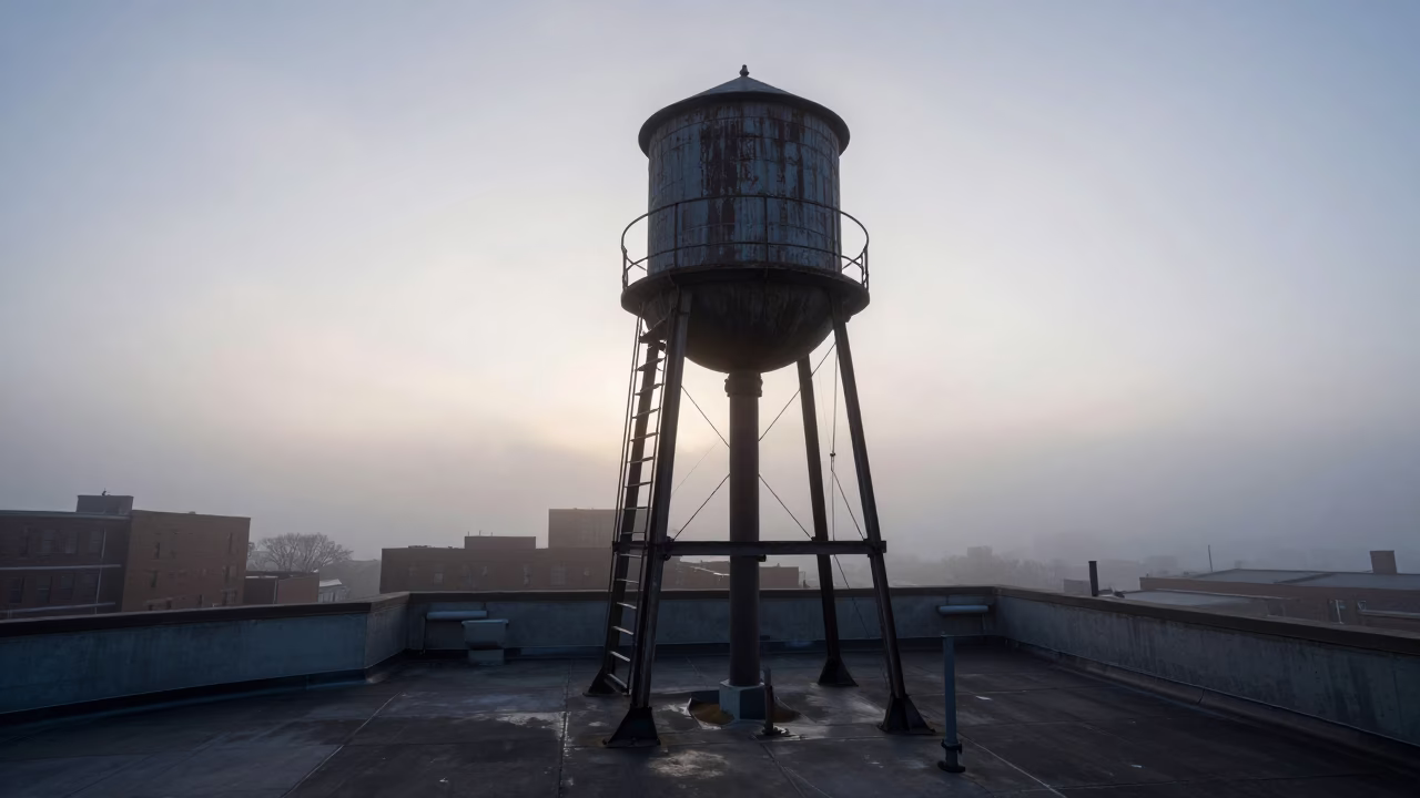 New York City Rooftop Water Tower Ladder in Pre-Dawn Mist in in New York, New York, United States