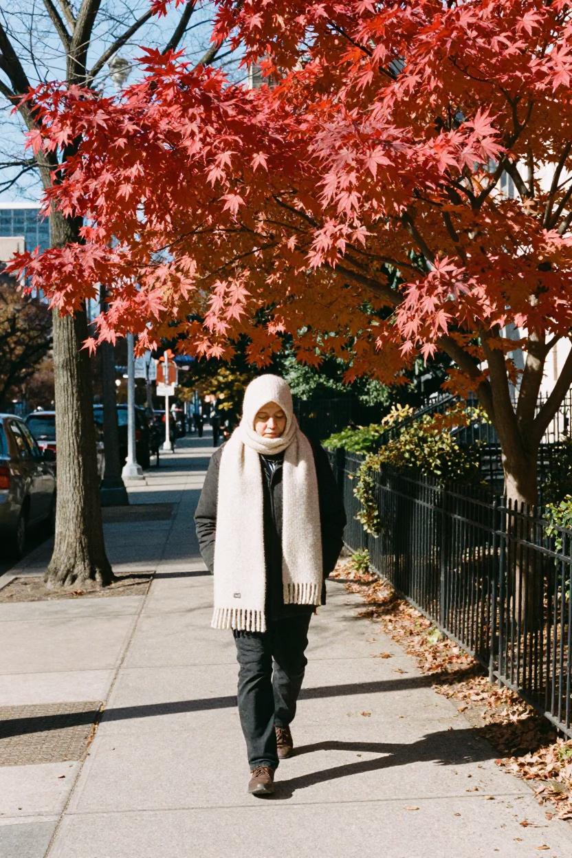 New York City Sidewalk Scene with Japanese Maple and Scarf Under Noon Sun in in New York, New York, United States