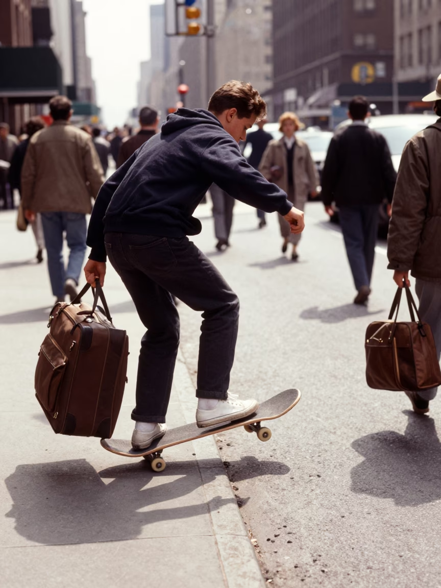 New York City Sidewalk Scene with Skateboarder and Suitcases in Bright Midmorning Light in in New York, New York, United States