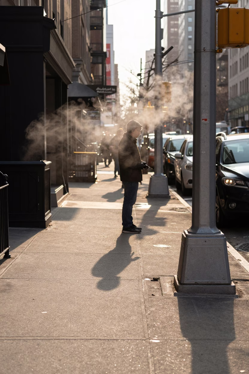 New York City Sidewalk Scene with Steam Haze and Claw Hammer at Early Evening in in New York, New York, United States