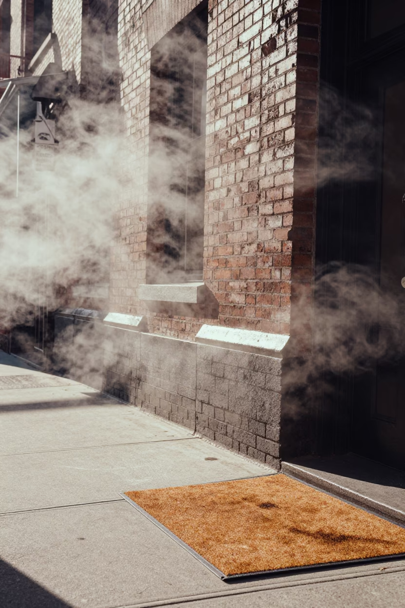 New York City Sidewalk Scene with Steam Haze and Doormat at Midday in in New York, New York, United States